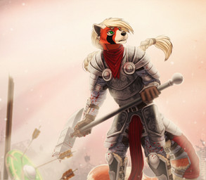 5_fingers anthro armor arrow_(weapon) battle biped black_nose blood bodily_fluids braided_hair clothed clothing eyebrows fingers fur green_eyes hair hammer holding_object holding_weapon long_hair male melee_weapon military open_mouth outside paladin ranged_weapon shield sky soldier solo standing teeth tools war warhammer warrior weapon fighterjet ailurid mammal red_panda 2017 digital_media_(artwork)