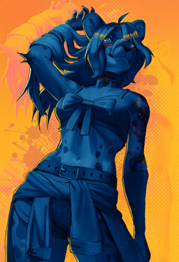 5_fingers abstract_background accessory anthro arm_tattoo arm_tuft armwear athletic athletic_female bare_shoulders belt belt_buckle biped blue_body blue_hair bottomwear bow_ribbon bra breasts buckle claws clothed clothed_anthro clothed_female clothing collar collar_tag crop_top elbow_gloves elbow_tuft eyebrows eyelashes fangs female female_anthro finger_claws fingers front_view fully_clothed fully_clothed_anthro fully_clothed_female fur glistening glistening_eyes gloves hair hair_over_eye hand_behind_head handwear heart_tag hotpants inner_ear_fluff long_hair looking_aside looking_at_viewer low-angle_view markings messy_hair midriff navel orange_background pants pattern_background pose pupils raised_arm ribbons shirt shorts simple_background slim slit_pupils smile smirk solo sports_bra spots spotted_body spotted_fur standing tattoo teeth text text_on_collar_tag topwear touching_hair translucent translucent_hair tuft underwear wearing_collar yellow_background red_rooster dina_(yebjiwara) cheetah felid feline king_cheetah mammal digital_drawing_(artwork) digital_media_(artwork) english_text hi_res portrait restricted_palette shaded sketch three-quarter_portrait