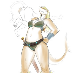 anthro armor belly blonde_hair breasts butt butt_grab clothing curvy_figure duo female female/female hair hand_on_butt melee_weapon sharp_teeth slightly_chubby smile sword tail teeth weapon white_body lutherine jaana_(nuclear_wizardo) aquatic domestic_cat felid feline felis fish mammal shark 1:1