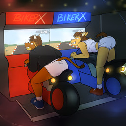 anthro arcade_game arched_back ass_up briefs butt clothed clothing duo footwear horn inside jacket leather leather_clothing leather_jacket leather_topwear male pantsless shirt shoes socks tail tank_top tighty_whities topwear underwear white_briefs white_clothing white_underwear fuze texnatsu michael_conrad rod_reyes bovid canid canine canis coyote mammal 1:1 hi_res shaded