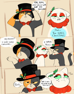 anthro black_body black_clothing black_ears black_eyes black_fur black_hat black_headwear black_tail black_top_hat boop bow_tie clothing dialogue duo eye_contact eye_roll eyelashes eyes_closed eyeshadow female food freckled_face freckles front_view frown fur green_sclera hand_on_nose hands_together hat headgear headwear holidays holly_(plant) long_eyelashes looking_at_another looking_at_object looking_away looking_up makeup male mismatched_ears multicolored_body multicolored_fur nose_boop orange_body orange_ears orange_fur orange_sclera plant red_bow_tie red_clothing red_eyeshadow red_hat red_headwear red_top_hat side_view smile speech_bubble standing tail tan_body tan_fur tan_tail text two_tone_hat two_tone_tail two_tone_top_hat white_body white_ears white_fur sushiamazing christmas junipurr turkitty domestic_cat elemental_creature felid feline felis flora_fauna food_creature mammal 2025 comic digital_media_(artwork) english_text hi_res