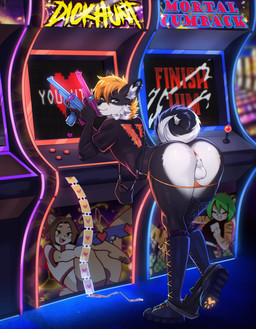 5_fingers anthro anus arcade arcade_machine backsack balls bent_over black_body black_boots black_clothing black_footwear black_fur black_nose black_purse black_shirt black_topwear blonde_hair boots bottomwear bottomwear_down butt butt_heart cheek_tuft closed_smile clothed clothing countershading detailed_background dual_wielding ear_piercing ear_ring facial_piercing facial_tuft femboy fingers footwear fur gauged_ear genitals guiche_piercing hair holding_object holding_weapon hotpants inner_ear_fluff inside light_gun looking_back male mouth_closed neck_tuft nose_piercing nose_ring panties panties_down partially_clothed perineum piercing presenting presenting_hindquarters purse purse_over_shoulder red_text ring_piercing shirt shoes shorts shorts_down smile solo standing t-shirt tail text thong thong_down ticket topwear tuft underwear underwear_down weapon white_balls white_body white_fur white_inner_ear_fluff white_text y_anus yellow_text viskasunya curry_(viskasunya) flaffy_(viskasunya) jasy_(jasy) canid canine canis domestic_dog mammal shiba_inu spitz 2022 absurd_res english_text hi_res