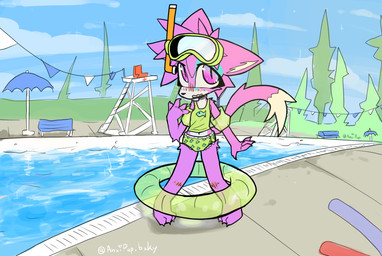 ageplay ambiguous_gender anthro biped blue_body blue_fur blush claws clean_diaper clothed clothing diaper dipstick_tail embarrassed eyewear eyewear_on_head fur goggles goggles_on_head green_clothing heart_symbol infantilism inflatable markings multicolored_body multicolored_fur pink_body pink_eyes pink_fur pool pool_float roleplay snorkel solo sparklefur standing swim_diaper swim_ring swimming_pool swimwear tail tail_markings toe_claws toony two_tone_tail umbrella white_body white_fur young anxipup august_(meowmcmeow) domestic_cat felid feline felis mammal digital_media_(artwork) hi_res male_(lore)