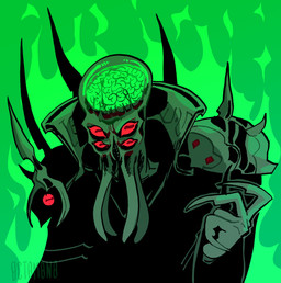ambiguous_gender ambiguous_humanoid armor brain clothed clothing fire front_view green_body horizontal_pupils looking_at_viewer multi_eye organs pupils solo text translucent translucent_body 0ct0m0n0 humanoid artist_name half-length_portrait hi_res portrait