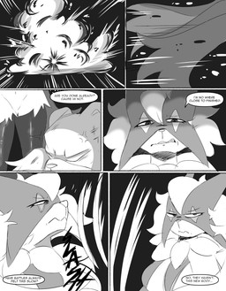 angry anthro attack battle clenched_teeth dark_legs dialogue dodging duo explosion explosives female fight looking_down low-angle_view slashing talking_to_another teeth spicykiwi nintendo pokemon tulip_(spicykiwi) generation_2_pokemon generation_9_pokemon meowscarada pokemon_(species) ursaring absurd_res comic hi_res monochrome story
