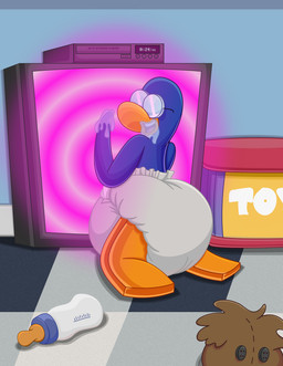 ageplay anthro baby_bottle beak bodily_fluids clothed clothing diaper diaper_fetish drooling electronics eyewear glasses hypnosis hypnotic_screen infantilism male mind_control nursery open_mouth plushie roleplay saliva solo swirl_pattern television toy_chest wearing_diaper wearing_glasses f4phantomwildweasel club_penguin disney gary_the_gadget_guy avian bird penguin absurd_res digital_media_(artwork) hi_res