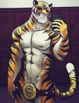 abs anthro athletic belt biceps big_muscles biped black_body black_fur blue_eyes convenient_censorship electronics facial_hair fur inside locker locker_room looking_at_viewer male markings muscular muscular_anthro muscular_male nipples nude orange_body orange_fur pecs phone pink_nose pose selfie solo standing stripes whiskers white_body white_fur bgn felid mammal pantherine tiger digital_media_(artwork)