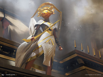 amonkhet anthro blue_eyes bow_(weapon) building cape clothing cloud column egyptian_architecture fantasy female gold_mask gold_weapon group holding_bow_(weapon) holding_object holding_ranged_weapon holding_weapon macro ranged_weapon solo_focus text weapon white_cape white_clothing chase_stone egyptian_mythology hasbro magic:_the_gathering middle_eastern_mythology mythology wizards_of_the_coast oketra avian bird deity domestic_cat felid feline felis mammal 2017 4:3 english_text official_art