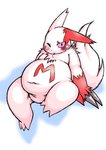 ambiguous_gender anthro belly blush embarrassed feral fur kemono markings obese obese_ambiguous obese_feral overweight overweight_ambiguous overweight_anthro overweight_feral red_body red_fur red_markings simple_background sitting solo white_background white_body white_fur chi_tiu chiro_(artist) nintendo pokemon generation_3_pokemon pokemon_(species) zangoose 2009 hi_res