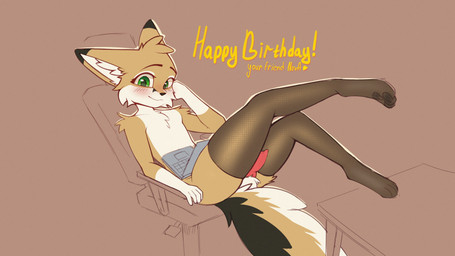 anthro arm_tuft balls black_nose blush blush_lines chair cheek_tuft clothing computer digitigrade dipstick_ears ear_markings ear_tuft electronics facial_tuft fishnet_clothing fishnet_legwear fishnet_stockings fishnet_thigh_highs fluffy fluffy_balls fluffy_body fluffy_ears fluffy_tail fur furniture furry_balls furry_body furry_ears furry_tail genitals gloves_(marking) green_eyes happy_birthday holding_head knot knotted_penis laptop laptop_on_lap legs_up legwear looking_at_viewer male markings multicolored_ears multicolored_tail office_chair pawpads penis shoulder_tuft sitting smile solo stockings table tail text thigh_highs tuft novav33 avery_(suheugene) canid canine fennec_fox fox mammal true_fox 16:9 2026 4k absurd_res digital_drawing_(artwork) digital_media_(artwork) english_text flat_colors hi_res widescreen
