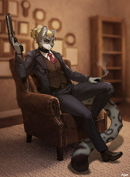 anthro biped bottomwear claws clothed clothed_anthro clothed_male clothing fingers front_view fully_clothed fully_clothed_anthro fully_clothed_male fur gun hair inside looking_at_viewer male ranged_weapon sitting solo spots tail topwear weapon pgm300 felid feline mammal 2026 absurd_res digital_drawing_(artwork) digital_media_(artwork) hi_res