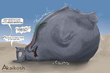 ambiguous_gender belly big_belly dialogue duo feral feral_pred feral_prey grey_belly grey_body grey_legs grey_neck huge_belly hyper hyper_belly rumbling_stomach speech_bubble talking_feral talking_to_prey text vore akaikosh capcom monster_hunter mythology bird_wyvern dragon mythological_creature mythological_scalie scalie talioth 2026 3:2 english_text url watermark
