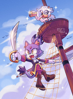 alternate_costume anthro boat boots clothing cloud day detailed_background duo ear_piercing female footwear gloves handwear holding_melee_weapon holding_object holding_sword holding_weapon male melee_weapon open_mouth piercing pirate rope shoes sword telescope vehicle watercraft weapon lou_lubally sega sonic_the_hedgehog_(series) blaze_the_cat silver_the_hedgehog eulipotyphlan felid feline hedgehog mammal hi_res signature