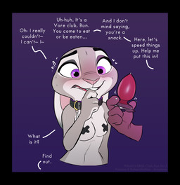 4_fingers anthro black_border blush bodily_fluids border breasts collar female fingers fur grey_body grey_fur long_ears mostly_offscreen_character navel nipple_tape pasties purple_eyes solo sweat tape teeth text amadose disney zootopia azka_(pthalo) judy_hopps lagomorph leporid mammal rabbit absurd_res english_text hi_res watermark