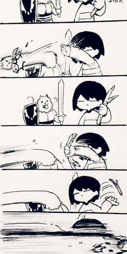 anthro armor clothed clothing duo eyes_closed hair melee_weapon shield stick sword weapon bbdanbb undertale undertale_(series) frisk_(undertale) lesser_dog canid canine canis domestic_dog human mammal black_and_white comic hi_res monochrome