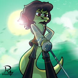 anthro biped body_hair brown_eyes brown_hair chest_hair clothed clothing eyebrows facial_hair fully_clothed goatee green_body green_skin green_tail hair holding_melee_weapon holding_object holding_sword holding_weapon light light_beam logo male melee_weapon mouth_closed outside rapier solo standing sun sunbeam sunlight sword tail weapon r4zputin amphibia_(series) disney tritonio_espada amphibian newt salamander 1:1 2021 artist_logo hi_res signature