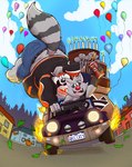 balloon belly biped birthday birthday_cake bottomwear butt cake candle car clothing dessert detailed_background duo food grey_body inflatable inside_car inside_vehicle male outside overweight pants red_nose scared vehicle mezasalvador mammal procyonid raccoon 2024 hi_res