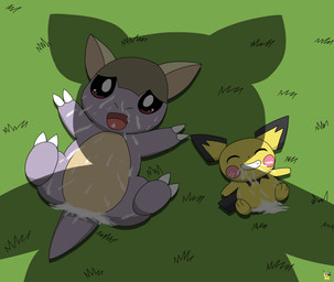 ambiguous_gender anthro blue_body bodily_fluids cum cum_everywhere duo_focus feral fur genital_fluids grass grin group logo looming_over lying messy on_back plant smile trio worried yellow_body yellow_fur young young_anthro pichu90 nintendo pokemon ash's_pikachu baby_kangaskhan generation_1_pokemon generation_2_pokemon kangaskhan pichu pokemon_(species) artist_logo hi_res