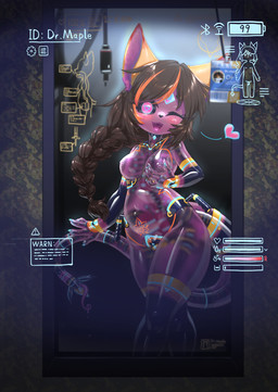 anthro areola biped black_sclera blue_eyes bodily_fluids braided_hair brown_hair dripping female first_person_view hair hand_on_own_breast handles_on_hips heart_pupils id_card long_tongue looking_at_mirror looking_at_object looking_at_viewer machine mirror nipples nude one_eye_closed open_mouth open_smile pose purple_body purple_eyes purple_mouth purple_tongue saliva saliva_drip smile solo standing tail tail_mouth text three-quarter_view tongue translucent translucent_body unusual_anatomy unusual_tail wink winking_at_viewer womb_tattoo young young_anthro zhaoer bluetooth domestic_cat felid feline felis goo_creature hybrid mammal robot 2025 alternate_version_at_source character_name chinese_description colored hi_res