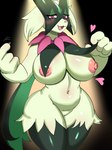 anthro areola big_breasts black_body black_fur blush breasts curvy_figure female fur green_body green_fur heart_symbol huge_breasts huge_hips huge_thighs navel nipples overweight pink_areola pink_eyes pink_nipples solo thick_thighs voluptuous wide_hips ytrall nintendo pokemon generation_9_pokemon meowscarada pokemon_(species) 2022 3:4 digital_media_(artwork) hi_res