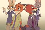 anthro blue_eyes business_suit clothed clothing cuff_(restraint) dual_persona eyes_closed female fur green_eyes group handcuffs male metal_cuffs necktie orange_body orange_fur police police_uniform restraints shackles simple_background square_crossover suit uniform ydk1226 disney zistopia zootopia judy_hopps nick_wilde canid canine fox lagomorph leporid mammal rabbit red_fox true_fox 2017