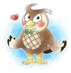 anthro blue_background bow_tie brown_body green_bow_tie heart_symbol looking_at_viewer male simple_background solo standing white_background tito_curmudgeon animal_crossing nintendo blathers_(animal_crossing) avian bird owl 2020 absurd_res full-length_portrait hi_res portrait