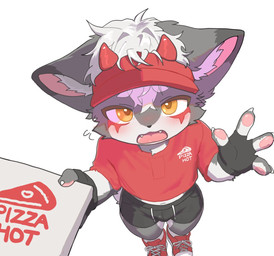 4_fingers anthro black_nose blush blush_lines bottomwear box clothing container fangs fingerless_gloves fingers footwear fur gloves grey_body grey_fur handwear hat headgear headwear inner_ear_fluff kemono looking_at_viewer looking_up looking_up_at_viewer male open_mouth pizza_box red_clothing red_footwear red_shirt red_shoes red_sneakers red_t-shirt red_topwear shirt shoes shorts simple_background sneakers solo standing t-shirt teeth text topwear tuft white_background white_body white_fur yellow_eyes ruvan_(artist) felid feline mammal cel_shading digital_drawing_(artwork) digital_media_(artwork) english_text shaded