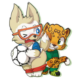 assisted_exposure blue_eyes bottomwear bottomwear_down clothed clothing duo eyewear goggles green_eyes male mascot pants pants_down pantsing partially_clothed lkiws fifa zabivaka zayu_(fifa) canid canine canis eurasian_wolf felid jaguar mammal pantherine wolf hi_res