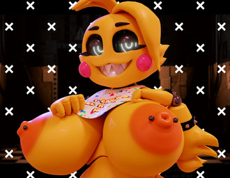 anthro areola beakless big_areola big_breasts black_sclera bracelet breasts female fingers glowing glowing_eyes grin jewelry looking_at_viewer machine nipple_piercing nipples non-mammal_breasts non-mammal_nipples orange_areola orange_nipples pattern_background piercing pink_cheeks sharp_teeth simple_background smile solo teeth yellow_body geodat geodat_(modeler) five_nights_at_freddy's five_nights_at_freddy's_2 scottgames toy_chica_(fnaf) animatronic avian bird chicken galliform mammal phasianid robot robot_anthro 2022 3d_(artwork) digital_media_(artwork) hi_res warm_colors
