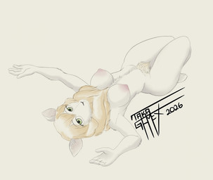 anthro areola breasts feet female fingers fur hair looking_at_viewer lying nipples nude on_back pubes simple_background smile solo toes white_body wool_(fur) taka_studio beastars sebun_(beastars) bovid caprine domestic_sheep mammal merino_sheep sheep digital_media_(artwork) hi_res signature