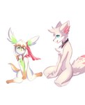 anthro blue_eyes bow_ribbon chatting duo female fur green_body green_fur heterochromia inner_ear_fluff kneeling looking_at_another open_mouth pale_fur paws pink_nose scarf simple_background tongue tuft white_background white_body white_fur xecho7x fakemon nintendo pokemon ruka_vaporeon braixen generation_4_pokemon generation_6_pokemon legendary_pokemon pokemon_(species) shaymin 2023 absurd_res digital_media_(artwork) hi_res