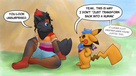 ambiguous_gender anthro asexual_pride_colors black_nose black_tail blue_bottomwear blue_clothing blue_eyes blue_shorts bottomwear brown_eyes clothing curly_hair dialogue duo feet female goo_hair hair hand_on_chin illusion kerchief lesbian_pride_colors lgbt_pride looking_at_another looking_down mid_transformation neck_tuft pattern_clothing pattern_shirt pattern_topwear pride_colors pseudo_hair red_feet shirt shorts speech_bubble striped_clothing striped_shirt striped_topwear stripes tail text topwear transformation tuft crizbn nintendo pokemon pokemon_mystery_dungeon spike_chunsoft ditto_(pokemon) generation_1_pokemon generation_5_pokemon human hybrid mammal pikachu pokemon_(species) zorua 16:9 2021 english_text widescreen