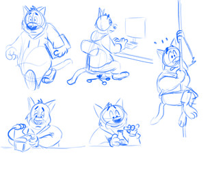 anthro biped bottomwear chair clothing computer electronics furniture hoodie male pants sitting solo topwear walking sobieniak brok_the_investigator cowcat_games graff_filsh domestic_cat felid feline felis mammal 2021 blue_and_white hi_res monochrome sketch