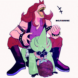 anthro black_body black_fur brown_hair clothed clothing eyewear female fur glasses green_clothing group hair male purple_body simple_background trio white_background komarukoune deltarune undertale_(series) kris_dreemurr ralsei susie_(deltarune) domestic_cat felid feline felis humanoid mammal reptile scalie 1:1 2018 absurd_res hi_res
