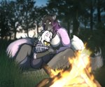 4_toes anthro bell bell_collar big_breasts black_hair breast_pillow breasts camp campfire clothing collar cowbell cuddling duo eyes_closed feet female female/female fire forest glowing glowing_eyes grass hair highlights_(coloring) hug meadow outside plaid plant sitting sunset toes tree white_hair blokfort canid canine canis fox mammal wolf 2022