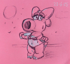 4_fingers anthro beach belly bikini bow_(feature) breasts claws clothing dessert dripping female fingers food ice_cream looking_away pink_body seaside simple_background slightly_chubby small_breasts solo sun swimwear tail toe_claws two-piece_swimsuit localmare mario_bros nintendo birdo_(character) birdo 2025 dated pen_(artwork) traditional_media_(artwork)