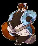 accessory anthro belly brown_body brown_fur claws clothed clothing footwear fur hammer hand_on_hip headband leaning male moobs orange_body orange_fur overweight overweight_anthro overweight_male sandals shoes simple_background smile solo step_pose thick_thighs toe_claws tools transparent_background chub-united ailurid mammal red_panda 5:6 alpha_channel hi_res