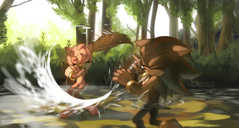 anthro back_spines bangle black_body black_nose countershade_torso countershading duo featureless_crotch female fluffy fluffy_chest forest_background glistening glistening_nose gold_bangle hair head_tuft jewelry leaf male markings nude open_mouth open_smile outside partially_submerged plant pointed_tail pointy_ears prick_ears quills_(anatomy) red_markings short_hair smile splash tongue tree tuft twitter_handle water wet fstar0_2 sega sonic_the_hedgehog_(series) amy_rose shadow_the_hedgehog hi_res signature
