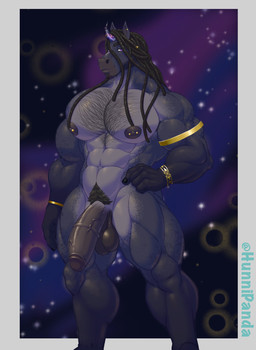 abs anthro armband balls barazoku black_balls black_hair black_nipples body_hair bracelet chest_hair dreadlocks ear_piercing genitals gold_(metal) gold_jewelry grey_body hair horn jewelry male muscular muscular_anthro muscular_legs muscular_male nipple_piercing nipples nude pecs penis piercing pubes purple_eyes solo standing hunnipanda mythology equid equine mammal mythological_creature mythological_equine unicorn hi_res