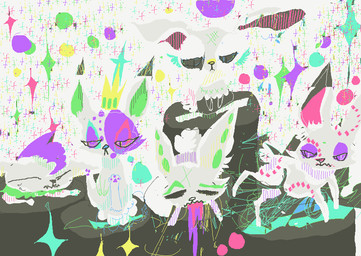 :< abstract_background ambiguous_gender bodily_fluids feral fur grey_body grey_fur group multicolored_body multicolored_fur purple_body purple_fur vomit vomiting white_body white_fur naircat lagomorph leporid mammal rabbit 2017 colorful_theme digital_drawing_(artwork) digital_media_(artwork) microsoft_paint_(artwork)