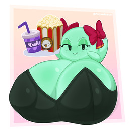 bedroom_eyes big_breasts black_eyes bow_ribbon breasts clothing container cup female food holding_tray huge_breasts hyper hyper_breasts narrowed_eyes not_furry popcorn seductive smile solo topwear tray fromariels mario_bros nintendo paper_mario lady_bow boo_(mario) ghost spirit 1:1 absurd_res hi_res