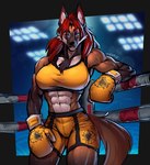 abs anthro athletic athletic_anthro athletic_female biceps big_breasts black_nose blue_eyes bodily_fluids bottomwear boxing_gloves bra breasts brown_body brown_fur chest_tuft clothed clothing female fighting_ring fur hair handwear inner_ear_fluff long_hair looking_at_viewer muscular muscular_anthro muscular_female navel red_hair shorts smile solo sports_bra standing sweat tuft underwear yellow_bottomwear yellow_boxing_gloves yellow_bra yellow_clothing yellow_handwear yellow_shorts yellow_underwear inugatami amira_winters canid canine mammal maned_wolf 2022 digital_media_(artwork) hi_res signature