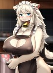 anthro apron apron_only areola bell bell_collar big_breasts blush breasts cleavage clothed clothing collar female female_anthro fingers fur hair huge_breasts kemono looking_at_viewer nipple_outline smile solo tail white_body white_fur faroula felid lion mammal pantherine hi_res