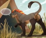 ambiguous_gender feral fur looking_back outside pawpads paws savanna solo tail tail_tuft tent text tuft pixelflare pathfinder alri felid lion mammal pantherine 2024 absurd_res digital_drawing_(artwork) digital_media_(artwork) english_text hi_res