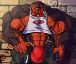 anthro big_bulge big_muscles black_body black_fur black_nipples bottomwear bulge clothing collar countershading fangs front_view fur genitals grin hair hand_on_pants hat headgear headwear holding_object huge_bulge huge_muscles hyper hyper_bulge hyper_muscles looking_at_viewer male muscular nipples pants penis red_body red_countershading red_eyes shirt smile solo spiked_collar spikes sweatshirt teeth text text_on_clothing text_on_hat text_on_headwear topwear torn_clothing torn_shirt torn_topwear underwear unzipped unzipped_pants vein veiny_penis wall_(structure) white_hair zipper fierglief swaggy canid canine canis domestic_dog mammal mastiff molosser rottweiler 2021 english_text hi_res