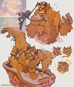 anthro armpit_hair bath bathing bathtub blue_eyes body_hair brown_body brown_fur brush bubble claws cleaning_tool duo eyebrows facial_hair fangs fur goat_ears goatee hairy horn male mature_anthro mature_male muscular muscular_anthro muscular_male nipples nude_anthro nude_male partially_submerged pawpads screencap shaking_head simple_background soap soap_bubbles teeth thick_eyebrows wet wet_body wet_fur white_sclera overcyan beauty_and_the_beast disney beast_(disney) animate_inanimate monster 2026 absurd_res digital_drawing_(artwork) digital_media_(artwork) hi_res
