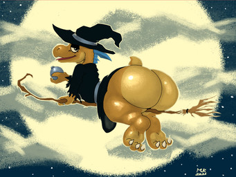 anthro big_butt bottomless broom broom_riding bubble_butt butt cleaning_tool clothed clothing eyeshadow glistening glistening_butt hat headgear headwear holidays huge_butt makeup male solo tongue tongue_out witch_costume witch_hat mukihyena halloween halo_(series) microsoft xbox_game_studios kiggy alien kig-yar ruuhtian scalie 2025 absurd_res digital_media_(artwork) hi_res