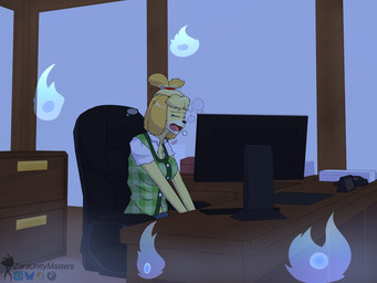 blonde_hair bodily_fluids breasts breath chair clothing collared_shirt computer_monitor dress_shirt electronics eyes_closed female fur furniture green_clothing green_topwear hair inside keyboard landline_phone medium_breasts messy_clothing messy_hair night office office_chair office_desk open_mouth orange_body orange_ears orange_fur pattern_clothing pattern_topwear phone plaid plaid_clothing plaid_topwear shirt sigh sighing sleep_bubble solo tears tied_hair tired topwear white_clothing white_collared_shirt white_shirt white_topwear wisps yellow_body yellow_fur zaraunitymasters animal_crossing nintendo isabelle_(animal_crossing) canid canine canis domestic_dog mammal spirit 4:3 cel_shading hi_res shaded signature watermark