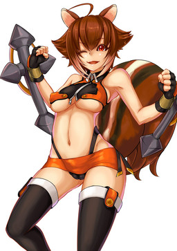 absolute_territory ahoge animal_tail bare_shoulders bottomwear breasts brown_hair camel_toe clothed clothing club_(weapon) crop_top cross dual_wielding female fingerless_gloves gloves hair handwear holding_object holding_weapon legwear looking_at_viewer melee_weapon microskirt midriff miniskirt naughty_face navel nightstick one_eye_closed open_mouth pose red_eyes shirt short_hair simple_background skimpy skirt solo squirrel_tail standing tail thigh_highs thong thong_straps tight_clothing topwear under_boob underwear weapon white_background wink zipper zipper_topwear marubonman arc_system_works blazblue makoto_nanaya animal_humanoid humanoid mammal mammal_humanoid rodent rodent_humanoid sciurid sciurid_humanoid tree_squirrel tree_squirrel_humanoid