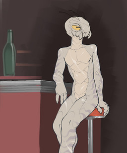 ambiguous_gender antennae_(anatomy) anthro bar bar_stool bottle claws container detailed_background furniture mandibles markings nude scar scars_all_over sitting solo stool striped_markings stripes tan_body yellow_sclera xenopera arthropod 2024 5:6 alternate_version_at_source digital_media_(artwork) hi_res